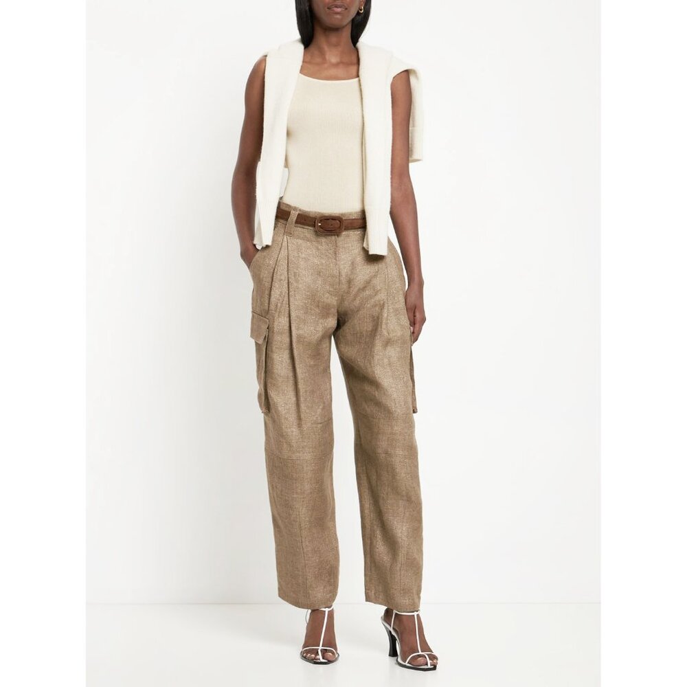 BRUNELLO CUCINELLI Beige Linen Glitter Lurex Canvas Pleated Ankle Cargo Pants 38